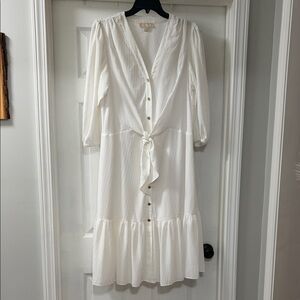 MICHAEL Michael Kors White Button-Front Tie-Waist Midi Dress